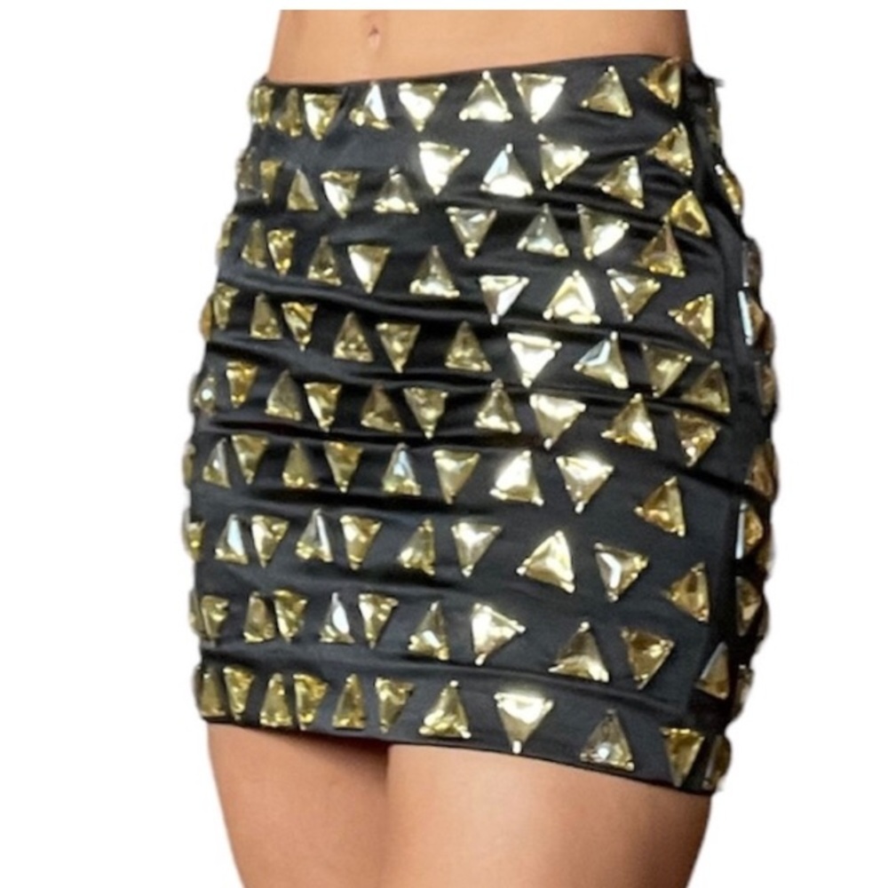 Bebe black satin with yellow rhinestone mini Skirt size 24 00 0 1 XS